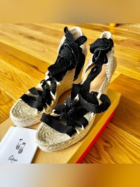 Castañer Black Strappy Wedge Espadrille Sandals NIB Size 8-8.5 US
